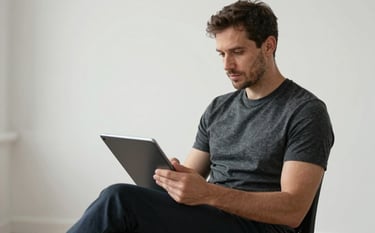 A professional man in a bright, modern studio in Nottingham, England. He is wearing a high-quality charcoal t-shirt and dark trousers, looking thoughtfully at a digital tablet held in his hands. The lighting is soft and professional, highlighting a grounded and expert atmosphere.