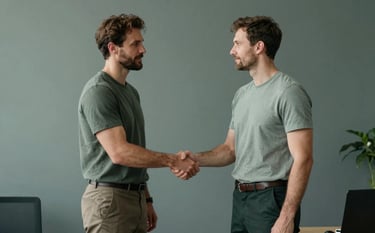 Two men in a professional, minimalist North American office setting. Both are dressed in smart-casual attire with t-shirts and trousers. They are engaged in a confident, professional handshake, symbolizing a successful partnership. The palette features muted green and slate tones.