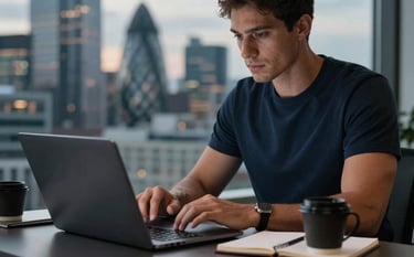 A close-up photograph of a professional man working in a high-end British urban office. He is wearing a navy t-shirt and is focused on a laptop. Beside him is a notebook and a sleek coffee cup. The background shows a soft-focus city skyline at dusk with deep charcoal and slate gray tones.
