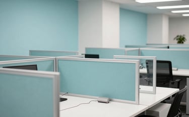 A professional commercial office setting in Bradenton, Florida. The scene shows a clean, organized workspace with glass partitions and white desks. Soft cyan and ocean teal corporate elements are visible in the background. The lighting is bright and efficient, conveying a sense of modern productivity and hygiene.