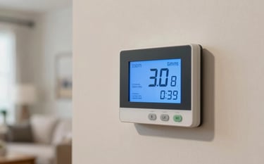 A close-up photograph of a modern digital thermostat mounted on a clean wall in a North American / US living room. The screen displays a comfortable temperature with a bright blue backlight. The atmosphere is warm and inviting, suggesting a perfectly managed indoor climate.