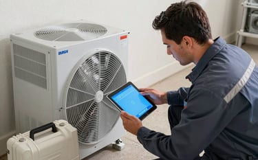 A professional HVAC technician in clean work attire inspecting a modern indoor furnace system in a North American / US suburban basement. The scene is lit with bright, clean light reflecting the brand's reliability. The technician uses a tablet with a bright blue interface, and a soft off-white service kit is nearby.
