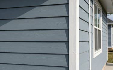 A close-up shot of elegant muted blue-grey horizontal siding on a contemporary North American suburban house. The lighting is crisp morning sun, showcasing the clean texture and professional fit of the panels against white window trim.