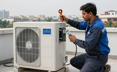 A South Asian / Indian technician installing a large outdoor HVAC unit on a terrace overlooking a Noida cityscape. Professional heavy-duty tools, safety equipment, with Dark Slate and Steel Blue colors on the uniform.
