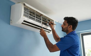 A professional South Asian / Indian technician in a clean uniform using specialized tools to repair a wall-mounted split air conditioner inside a modern apartment in Noida. Bright, natural lighting with Steel Blue and Light Blue accents in the room decor.