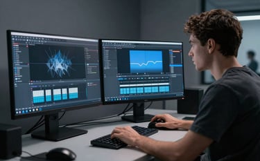 A focused professional in a modern North American studio, working with advanced creative software across two large monitors. The lighting is cool with dark gray tones and professional blue accents, creating an atmosphere of deep concentration and innovation.