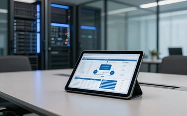 A sleek, glass-walled conference room in a high-rise North American corporate office. A tablet on the table displays complex organizational data. The background features soft blue lighting from server hardware, emphasizing reliability and scale.