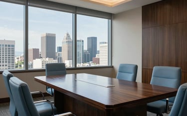 A polished, professional legal consultation room in a North American / US / California high-rise building. Through the large windows, a city skyline is visible under a clear sky. The interior features a heavy dark wood table and chairs with soft sky blue upholstery, reflecting a sense of integrity and reliability. Professional, cinematic lighting.