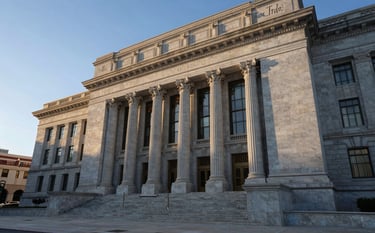 The majestic exterior of a California courthouse in a North American / US / California metropolitan setting. The building's classic stone architecture is highlighted by the golden hour sun. The scene conveys a sense of authoritative justice and unwavering integrity, featuring deep steel blue shadows and pale mist grey textures.