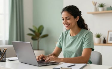 A professional South American physiotherapist in a modern home office in Brazil, smiling warmly while conducting a tele-health consultation on a laptop. The room is bright with natural daylight, featuring soft light green and off-white accents in the decor.
