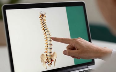 A close-up of a high-resolution laptop screen displaying a 3D anatomical model of the human spine, with a Brazilian physiotherapist's hand pointing at it during a professional online consultation. Background colors are off-white and deep green.