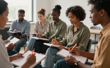 An interactive sales training intensive taking place in a bright, contemporary Southern African / South African corporate space. Participants are engaged in a workshop, using slate grey notebooks with vibrant orange pens. The lighting is warm and natural.