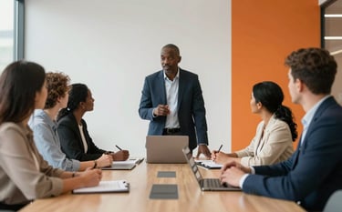 A professional sales strategy session in a modern Southern African / South African office. A mentor figure leads a group of focused professionals around a sleek table. The room features soft white walls and vibrant orange decor accents. The atmosphere is collaborative and results-oriented.