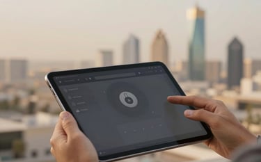A close-up shot of hands using a tablet with a professional dashboard. In the blurred background, the iconic Riyadh skyline is visible. Sophisticated charcoal (#1A202C) and tan (#B8936F) tones.