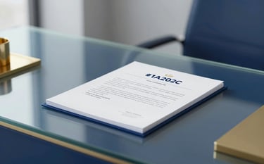 A high-end, minimalist office setting in Riyadh with a sleek glass desk and professional government documents. The color palette features deep blues (#1A202C) and warm gold accents (#B8936F). Sophisticated and clean aesthetic.