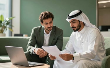 Two professional consultants, one in a modern suit and one in traditional Saudi attire, reviewing documents in a sunlit Riyadh office lounge. The scene uses muted greens (#5F776C) and off-white (#F8F5EE) for a modern, trustworthy vibe.
