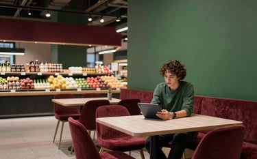 A wide-angle professional photograph of a modern Scandinavian food market hall. A digital marketing strategist is reviewing tablet data while sitting at a minimalist table. Pops of deep crimson and matte forest green in the decor.