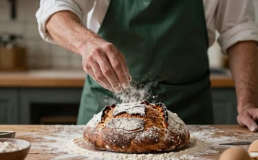Close-up photography of an artisanal baker in a rustic Northern European kitchen dusting flour over a dark crusty loaf of bread. Warm indoor lighting, deep forest green apron, focus on textures and artisanal craft.