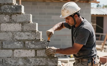 A professional bricklayer at a South American construction site meticulously laying a brick wall. Sunlight illuminates the scene, highlighting the precision of the tools and the solid texture of the bricks and mortar. The atmosphere is professional and organized, featuring a palette of charcoal gray and light gray.