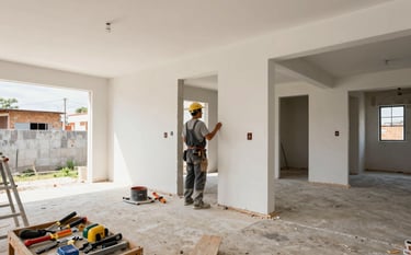 A wide angle interior view of a renovation project in a South American urban house. Professional masonry work is visible in the structured changes to the layout. The scene is bright and clean, with tools neatly arranged, representing expertise and modern construction standards. Palette of off-white and charcoal.