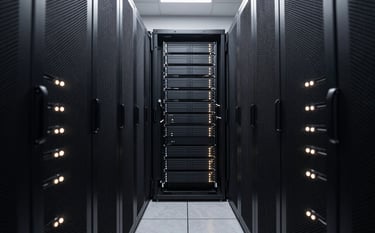 An architectural view of a clean data center aisle. Ebony black server racks are lined with soft off-white indicator lights. The perspective is symmetrical and authoritative, embodying modern technology infrastructure.