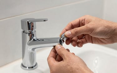 Close-up of a skilled specialist's hands installing a high-end chrome faucet in a minimalist Northern European / German / Hamburg bathroom. The background consists of Mist White tiles. Professional, sharp focus.