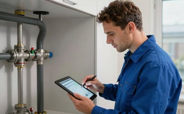A technician inspecting water pipes in a clean, modern utility room of a Northern European / German / Hamburg home. Use of a digital tablet for diagnostic results. Professional, trustworthy mood, Deep Ocean Blue colors.