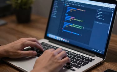 A close-up shot of a developer's hands typing on a modern keyboard in a dim, focused workspace. The laptop screen displays professional code in a dark mode editor with royal sapphire blue highlights. The mood is technical, focused, and forward-thinking.