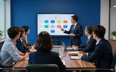 A high-quality professional photograph of a corporate meeting room where a group of professionals, including a Peruvian executive, are looking at a monitor displaying a complex process flow diagram. The atmosphere is sophisticated and collaborative, featuring royal sapphire blue accents in the decor and deep space navy office furniture.