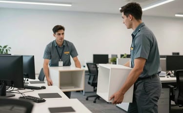 Movers in slate grey-teal uniforms carefully moving office furniture and computer monitors in a bright, modern corporate office with crystal white walls.