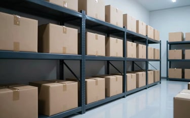Clean, well-organized storage facility with neatly stacked cardboard boxes on dark charcoal blue shelving, bright crystal white floor and cool mist blue lighting.