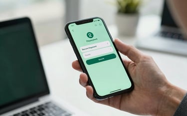 A close-up shot of a hand holding a smartphone in a bright, modern Southeast Asian / Indonesian office. The screen shows a secure payment confirmation. Lighting is clean and professional, focusing on trust. Palette: Deep forest green and pale mint green.