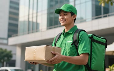 A medium shot of a friendly delivery partner in a Southeast Asian / Indonesian city environment wearing a rich emerald green uniform. They are holding a clean package and smiling, with soft sunlight reflecting off modern architecture. Colors: Emerald green and soft off-white.