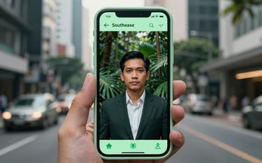 A close-up photograph of a professional in a modern Southeast Asian / Indonesian urban setting using a mobile app with a pale mint green interface. The background is a softly blurred city street with natural morning lighting. Incorporates deep forest green accents.