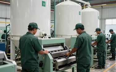 A clean, industrial waste management facility in a Southeast Asian / Indonesian setting. Professional workers wearing dark slate green uniforms are operating modern sorting equipment. The lighting is bright and clear, emphasizing an efficient and professional atmosphere with mist white and deep sage green accents.