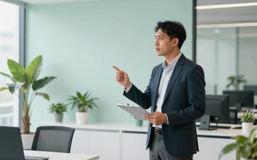A focused consultant in professional attire presenting a sustainability roadmap in a modern Southeast Asian / Indonesian office. The office features minimalist design with pale seafoam green plants and mist white furniture, conveying a clean and trustworthy brand image.