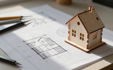 Close-up of a designer's workspace featuring detailed blueprints on misty alabaster paper and a small 3D wooden house model. A set of precision tools lies nearby on a warm taupe surface. Soft, natural morning light creates a sense of meticulous planning.
