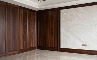 A finished interior living room showcasing high-end craftsmanship. Features deep cocoa wood paneling, misty alabaster walls, and polished flooring. The composition is clean and minimalist, highlighting modern luxury and sophisticated reliability.