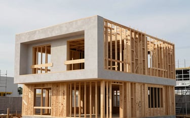 A professional architectural photograph of a modern residential home under construction. The scene features clean wooden framing and scaffolding against a bright sky. The colors include warm taupe wood and misty alabaster architectural details. High-end, sharp focus, professional daylighting.
