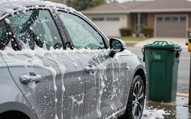 A close-up of a high-end exterior car wash on a North American / US residential street. Soap foam in soft pearl white covers the car, with medium steel blue reflections on the glass. A clean green trashcan stands neatly beside the vehicle.
