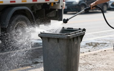 A beautiful wooden porch in a North American / US home setting, looking pristine and clean. The wood texture is rich with soft pearl white light reflecting off the surface. A professional pressure washing wand is visible in the corner, with muted slate gray accents in the shadows.