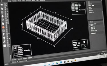 Macro photography of an AutoCAD workstation screen showing complex white technical drawings on a dark background. The scene reflects a professional architectural firm in Florida, emphasizing precision and modern technology. High contrast black and white style.