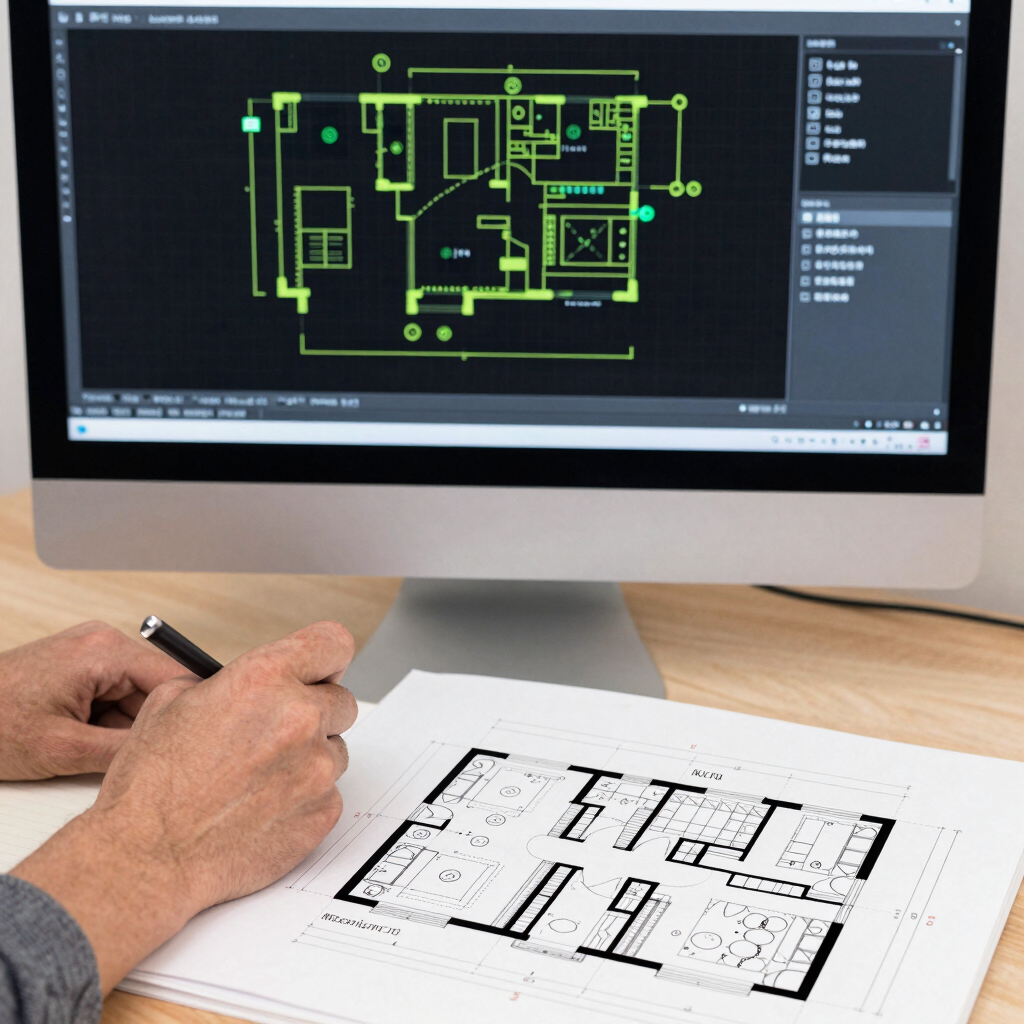 Macro photography of an AutoCAD workstation screen showing complex white technical drawings on a dark background. The scene reflects a professional architectural firm in Florida, emphasizing precision and modern technology. High contrast black and white style.