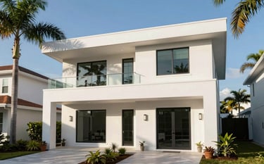 Architectural exterior photography of a modern residential addition on a North American Florida home. The new white structure blends perfectly with the original house. Bright blue sky and lush green palm trees are visible under warm tropical sunlight. Sharp, clean lines and professional composition.