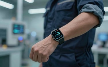 A close-up, high-tech shot of an industrial engineer wearing a sophisticated smartwatch tracking bio-data on a factory floor. The lighting is sharp and futuristic, incorporating deep navy #0A1D2B and aqua #8DBEB7 tones in the background bokeh.