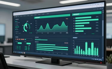 A sophisticated dashboard on a large screen displaying complex data visualizations, green progress bars #8DBEB7, and carbon reduction graphs in a sleek control room.