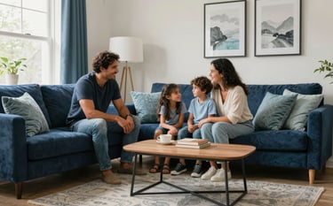A warm, candid photograph of a North American family in a bright, modern living room. The setting reflects comfort and security with soft daylight. The color palette incorporates deep navy and light blue accents in the decor, creating a trustworthy and sophisticated atmosphere.