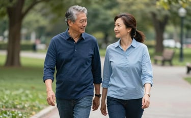 A mature North American couple walking together through a beautifully landscaped park, appearing relaxed and content. The photography is professional and airy, featuring soft lighting and a palette of Prussian blue and very light blue, conveying financial stability.