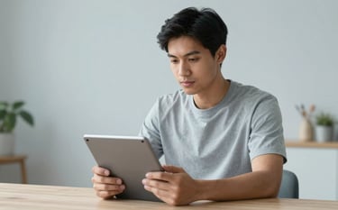 A young North American adult professional in a clean, minimalist studio apartment, looking confidently at a tablet while planning their financial future. The lighting is crisp, and the scene includes light blue-grey tones, emphasizing clarity and empowerment.