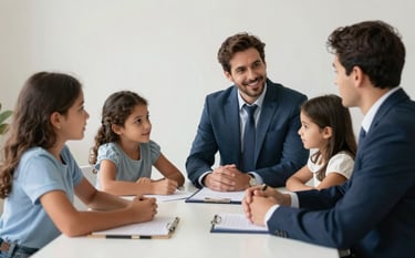 A South American / Brazilian family sitting with a financial advisor around a clean modern table, discussing wealth management, professional and welcoming mood, medium blue and soft off-white accents.